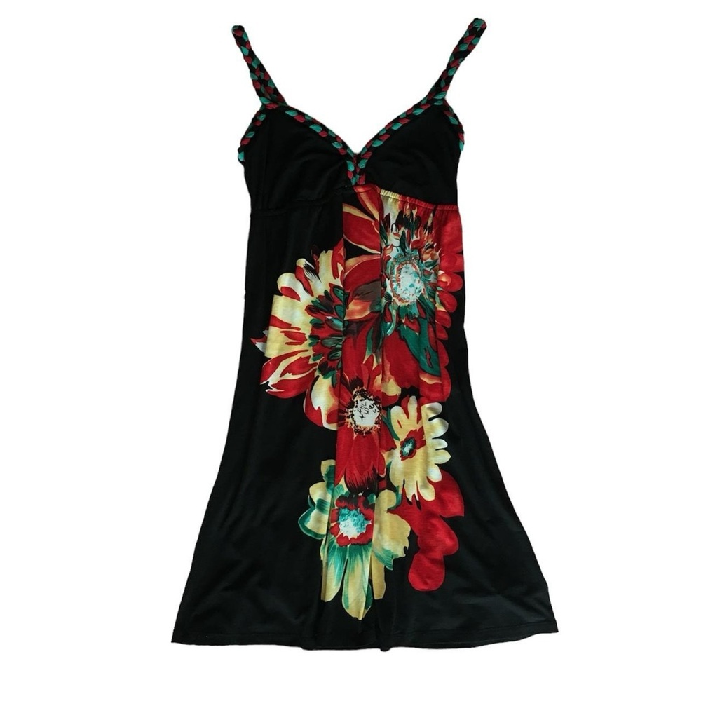 BLACK FLORAL SUNDRESS W/ BRAIDED TRIM & STRAPS · SIZE S